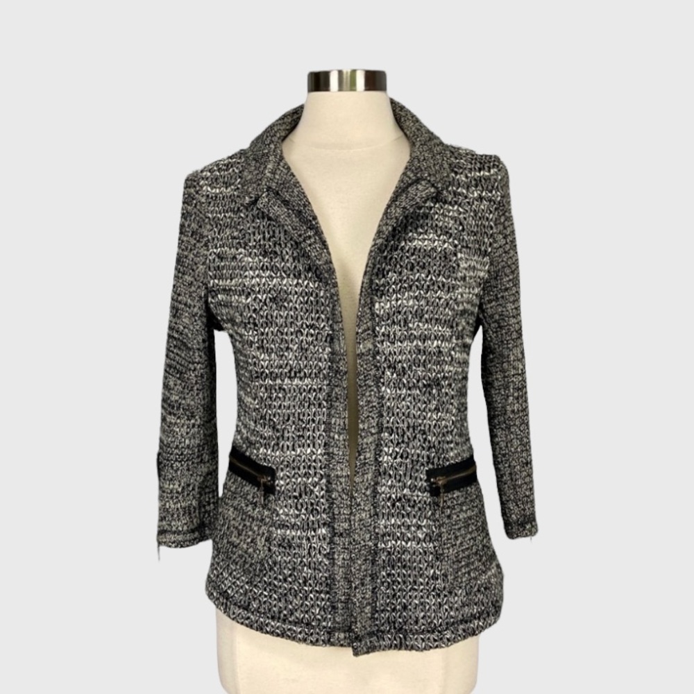 Drew Womens Open Front Cardigan Sweater Moto Zip Detail Black White size Medium